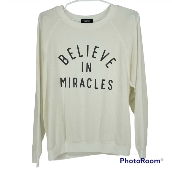 WILDFOX BELIEVE IN MIRACLES BAGGY BEACH JUMPER PULLOVER SWEATSHIRT WHITE CREAM S - Picture 2 of 8